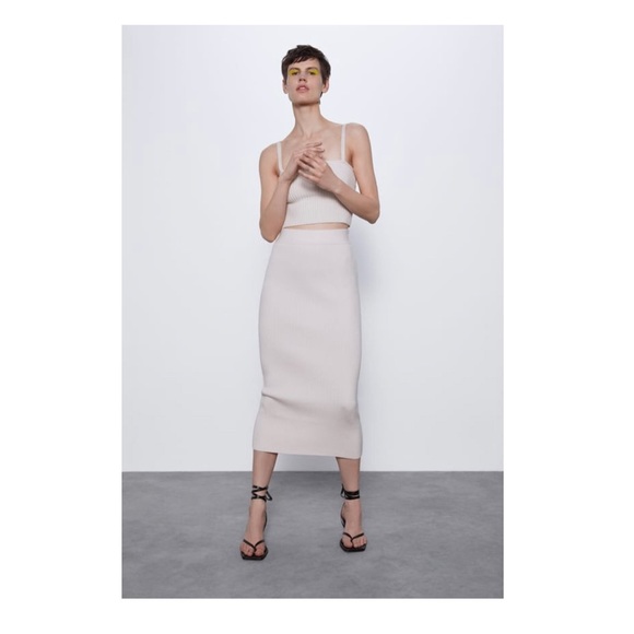 Zara ribbed KNIT stretch pencil midi skirt in Ecru cream neutral size S  NWT - Picture 6 of 15